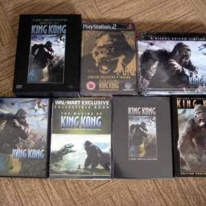 Clockwise from top to bottom: 2-Disc Limited Edition DVD Gift Set (Hong Kong), Limited Collector's Edition PS2 Game Adaptation (U.K.), Limited Tin Edition DVD (Brazil), 3-Disc Deluxe Extended Edition DVD (Canada), 2-Disc Special Edition (Canada), and Walmart Exclusive with Regular Edition and Mini "The Making of King Kong" Book (U.S.).