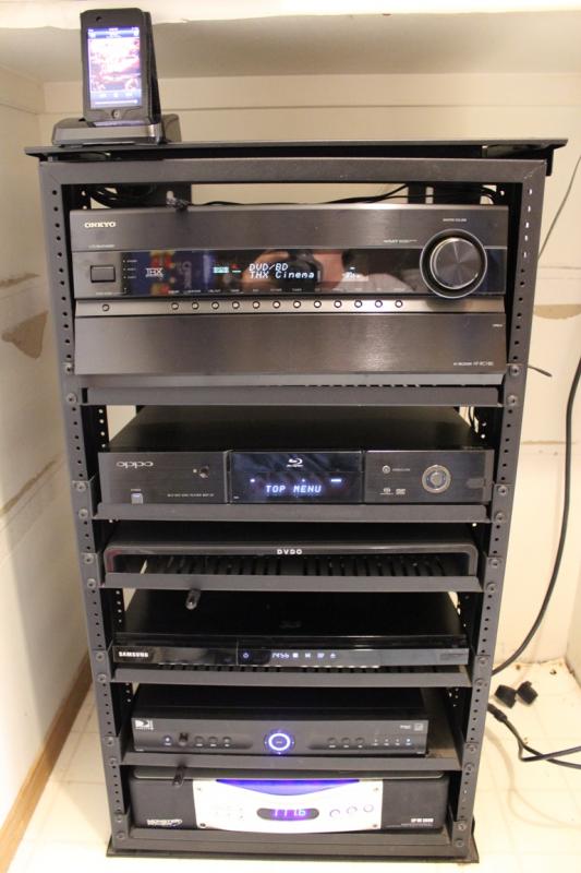 Home Theater Rack: (in a closet)
- Onkyo Receiver w/Ipod Dock (HT-RC180)
- Oppo Blu-Ray Player (BDP-83 w/region free mod)
- DVDO Edge Video Processor
- Samsung 3D Blu-ray Player (BD-D5500)
- Directv DVR (HR22-100)
- Monster Power Conditioner (EP 3650)