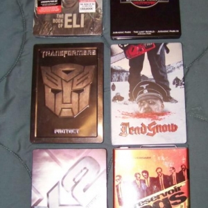 Book of Eli BD FS Steelbook
Jurassic Park FS G1 BD Steelbook
Transformers Autobot DVD Steelbook
DeadSnow DVD Steelbook
X2 DVD Steelbook
Reservior Dogs "Gas Can" DVD Edition
