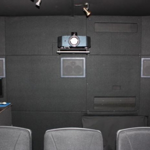 Back wall with 3 more Canton LCR 500 in-wall speakers, a JVC - X3 projector and hidden air-con. in the wall.