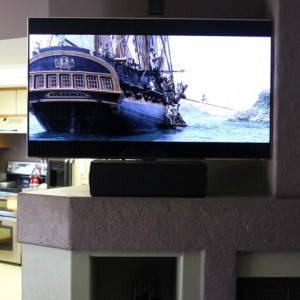 - Samsung 55" LED 3D TV (UN55D8000)
- Def Tech Center Speaker (CS-8080HD)
- Xantech Wall Link IR Receiver (above TV) WL25
- Logitech Harmony One Remote