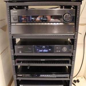 Home Theater Rack: (in a closet)
- Onkyo Receiver w/Ipod Dock (HT-RC180)
- Oppo Blu-Ray Player (BDP-83 w/region free mod)
- DVDO Edge Video Processor
- Samsung 3D Blu-ray Player (BD-D5500)
- Directv DVR (HR22-100)
- Monster Power Conditioner (EP 3650)