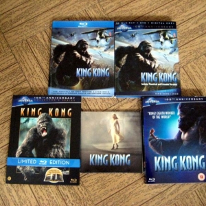Clockwise from top to bottom: First Release Blu-ray with Slipcover (Canada), Universal 100th Anniversary Combo Pack (U.S.), Universal 100th Anniversary Augmented Reality Edition (U.K.), Press Kit CD, and Universal 100th Anniversary Limited Edition Digibook Blu-ray (Holland).