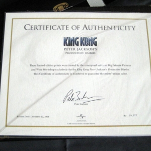 Certificate of Authenticity from King Kong: Peter Jackson's Production Diaries.