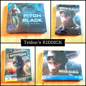 Clockwise, Left to Right: Pitch Black German Blu-ray SteelBook (horizontal), Pitch Black German Blu-ray SteelBook (Universal 100th Anniversary), Pitch Black UK SteelBook (horizontal), Pitch Black US SteelBook (Universal Reel Heroes).