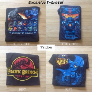 CLOCKWISE, LEFT TO RIGHT: Kaiju Fighter from TheYetee, Goodbye Apocalypse from TheYetee, My Little Kaiju from RIPT and Pacific Breach from RIPT.