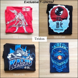 CLOCKWISE, LEFT TO RIGHT: Kaiju Anatomy from TheYetee, Kaiju Sake from TeeFury, Kaiju Hunter from TeeFury and Kaiju Breach from TeeFury.