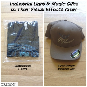 ILM (Industrial Light & Magic) gave their VFX (visual effects) crew two gifts after the completion of PACIFIC RIM; a T-Shirt featuring the Kaiju, Leatherback, and a baseball cap featuring Gipsy Danger's logo.
