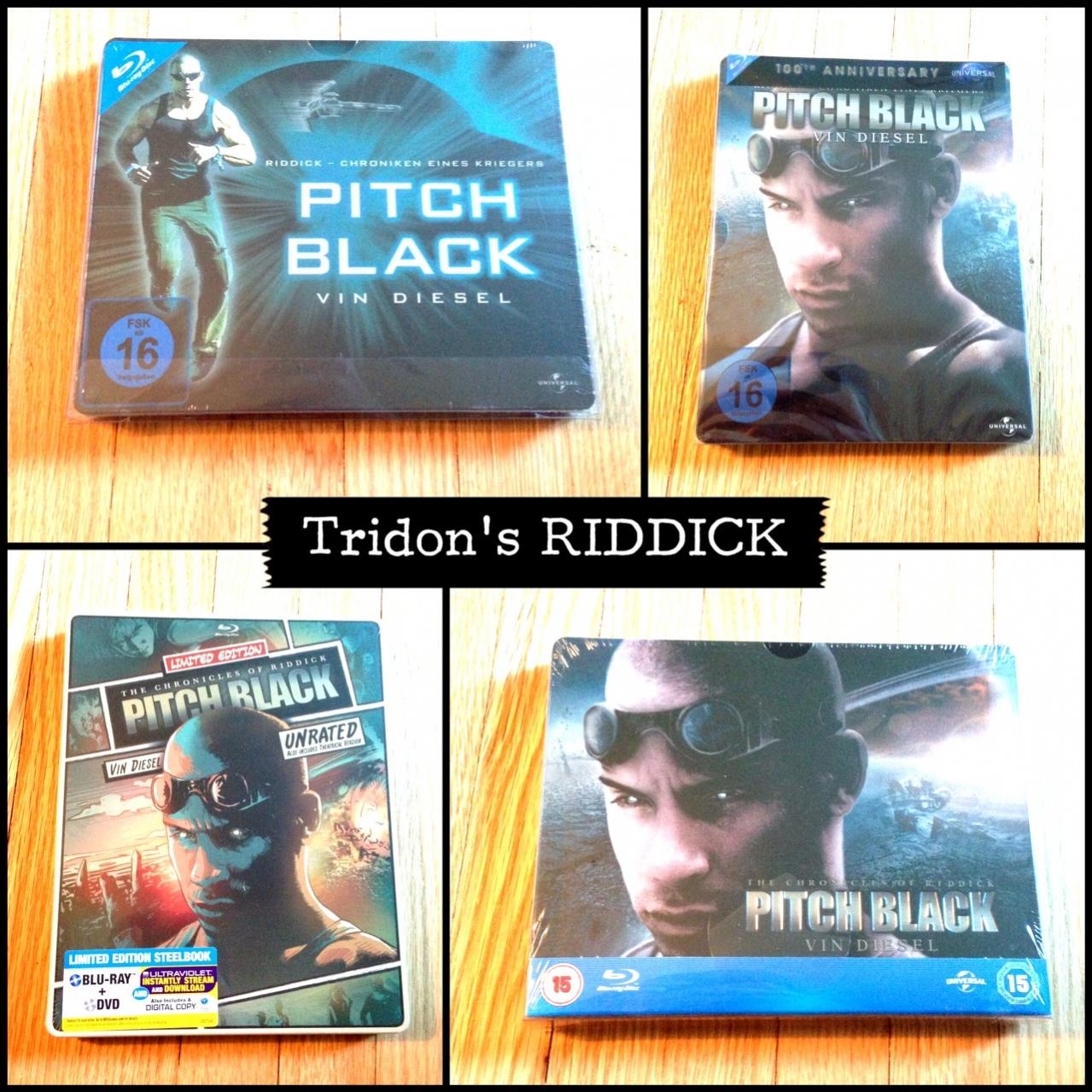 Clockwise, Left to Right: Pitch Black German Blu-ray SteelBook (horizontal), Pitch Black German Blu-ray SteelBook (Universal 100th Anniversary), Pitch Black UK SteelBook (horizontal), Pitch Black US SteelBook (Universal Reel Heroes).