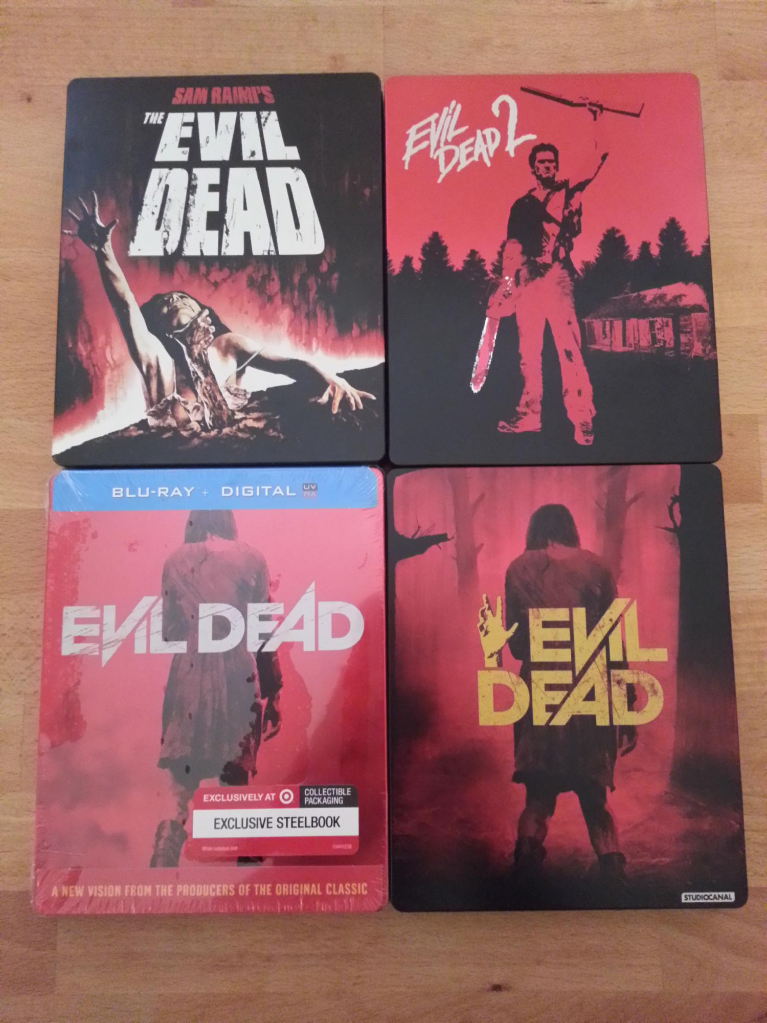 My evil dead steels in one picture.

Evil Dead UK
Evil Dead 2 Zavvi Exclusive
Evil Dead (2013) Target Exclusive
Evil Dead (2013) Zavvi Exclusive